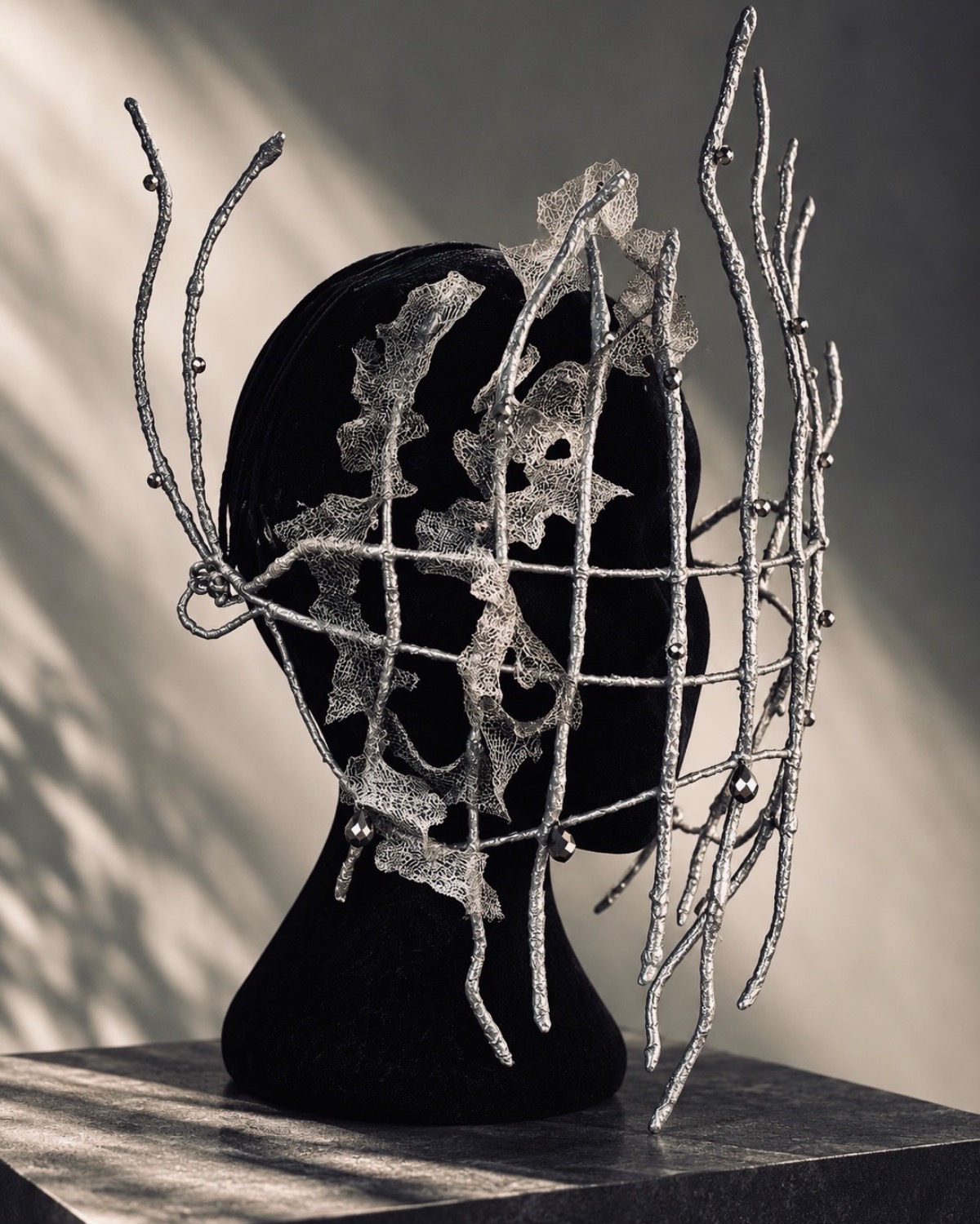 Bespoke silver wire cage mask headpiece with gilded lace and faceted beads, handmade by Anna John Designs, New Zealand